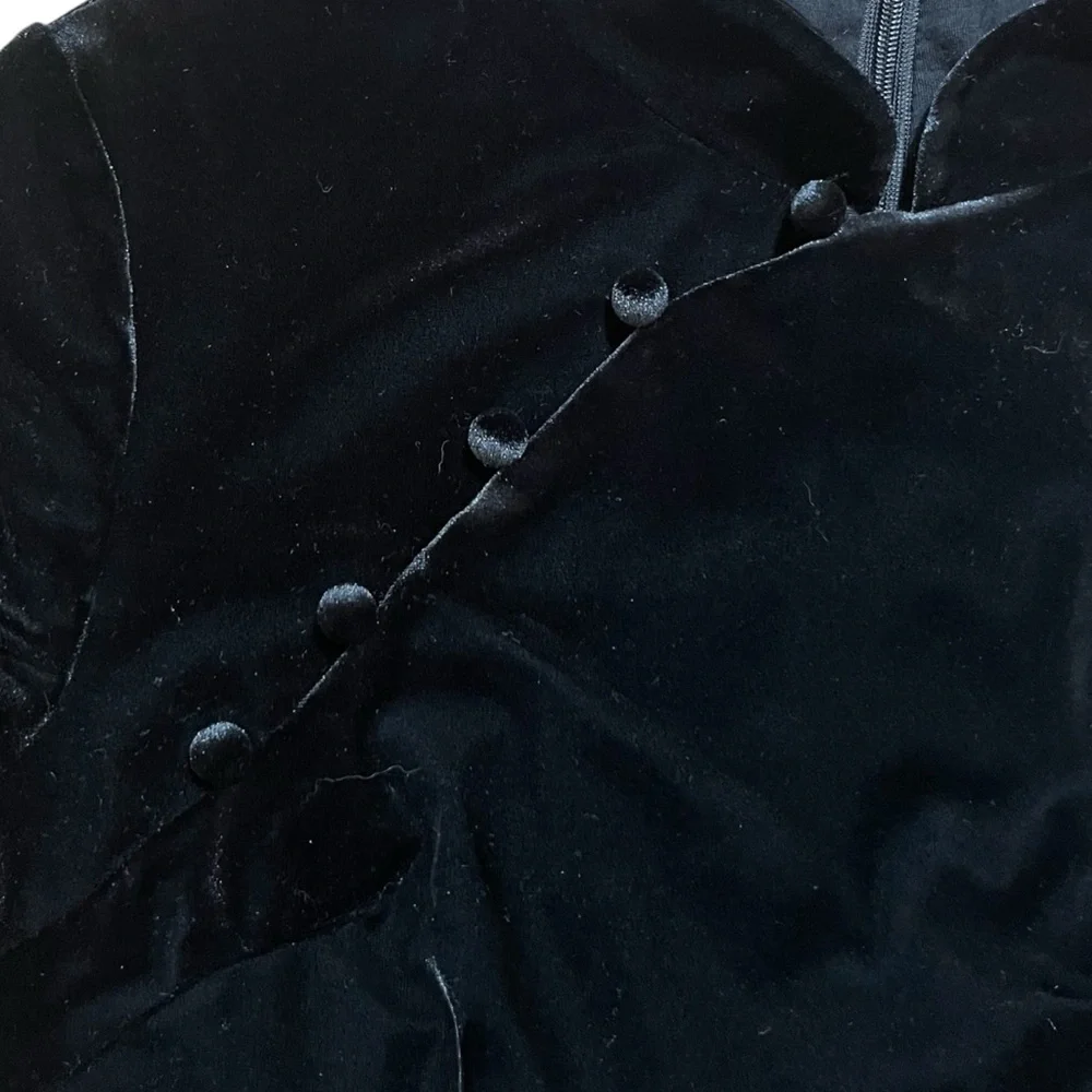 S Black Velvet Mandarin Collar Peplum Top Asian Inspired Back Zip - Picture 12 of 12